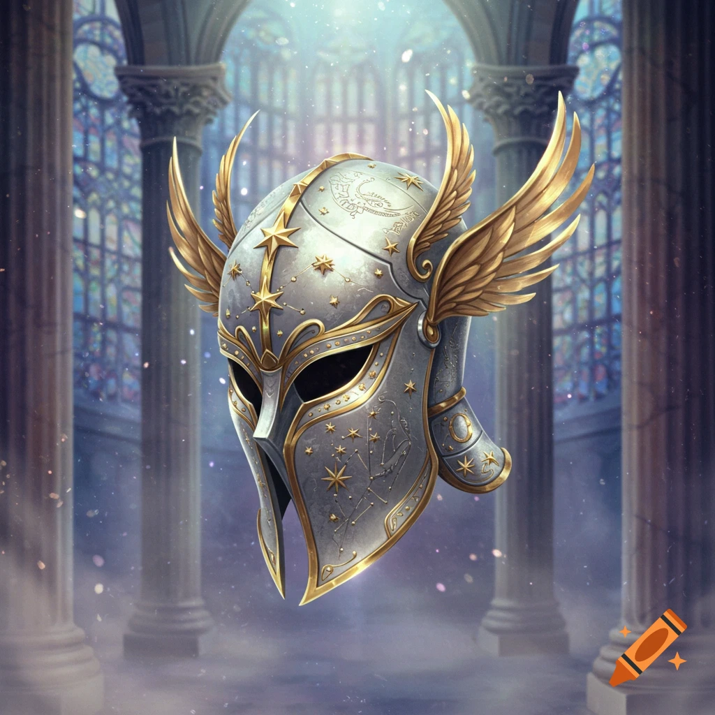 A majestic fantasy helmet, silver with intricate gold trim and golden wings, adorned with stars and celestial patterns, set against a glowing stained-glass window background.
