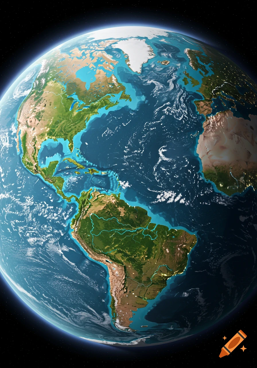 A stylized map visualization of Earth from space, showing continents and light blue lines representing rivers and shallow waters.