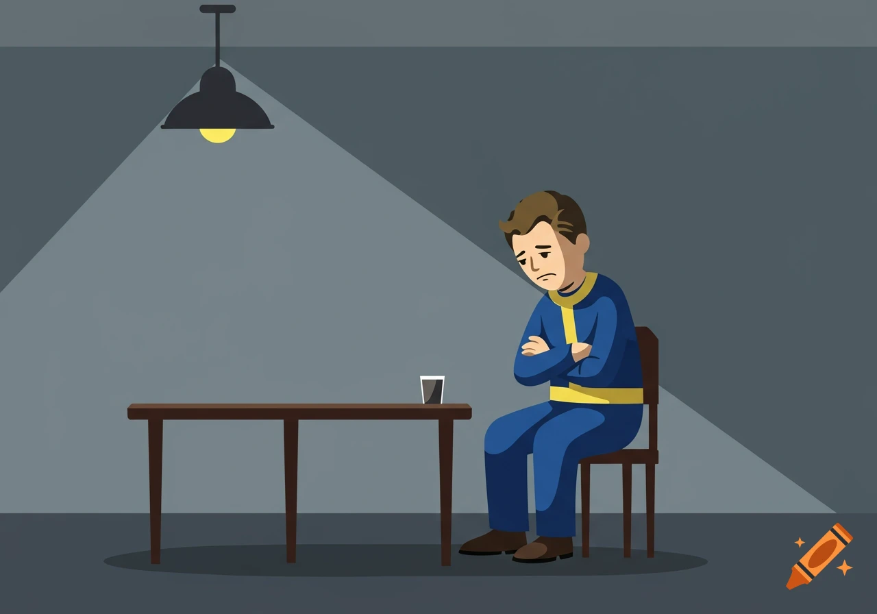 Cartoon illustration of a sad Vault Boy sitting alone at a table in a dimly lit room.