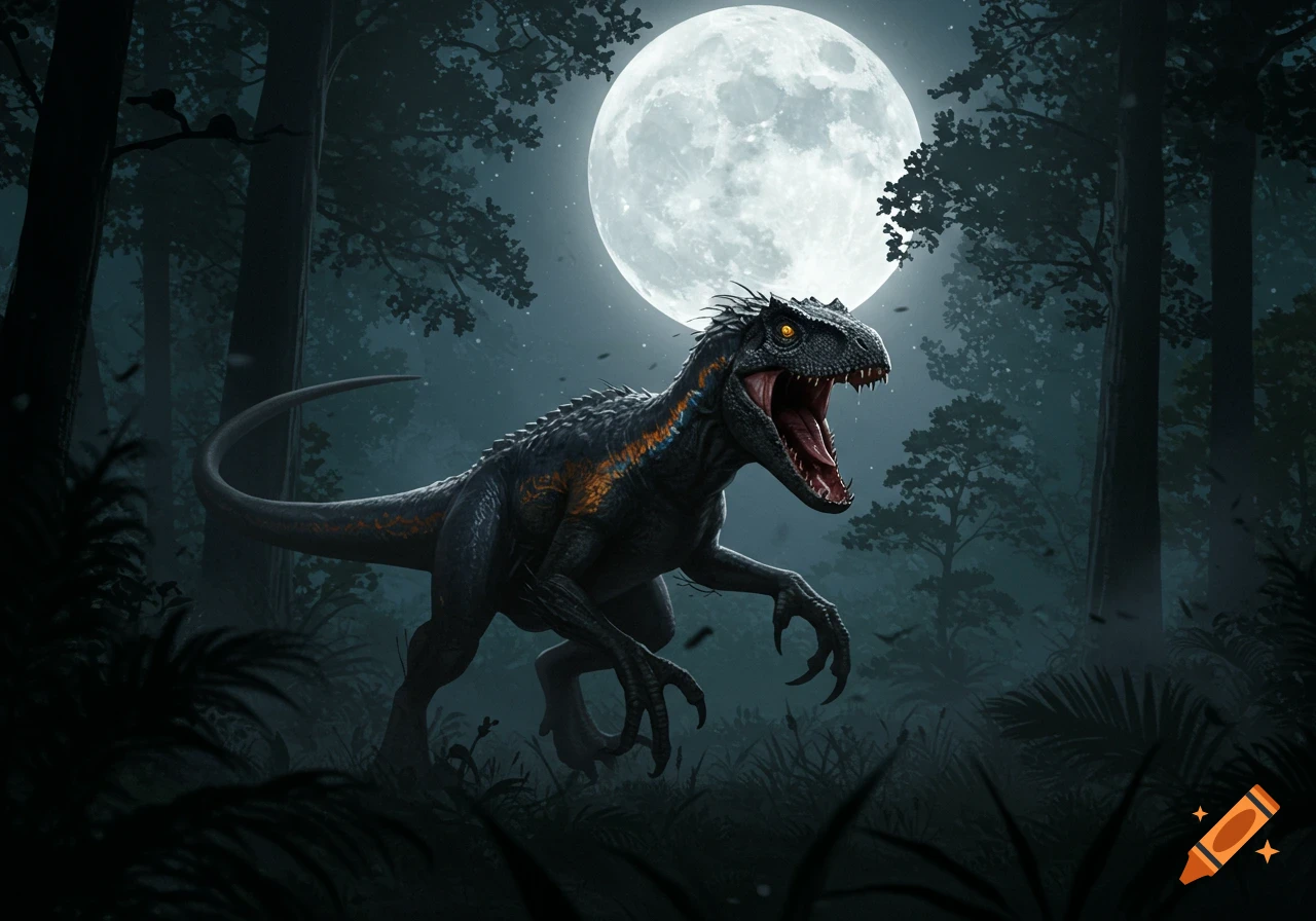 A fierce Indoraptor, a dark blue dinosaur with orange stripes, roars in a dense, dark forest lit by a large full moon.
