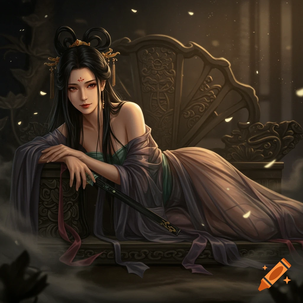 A captivating woman in traditional Chinese-style attire reclines on an ornate throne in a dark, glowing setting.