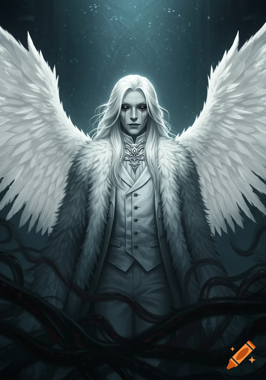 A stoic angelic male figure with long white hair, void-like eyes, white feathered wings, and a white fur mantle stands in a dark, ethereal setting with swirling dark tendrils.