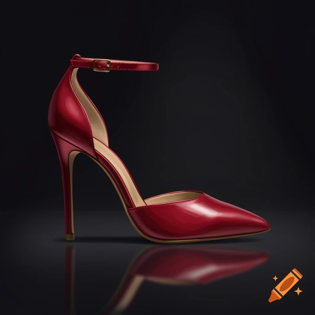 A shiny red pointed toe ankle strap high heel shoe with a thin heel, reflected on a dark surface.