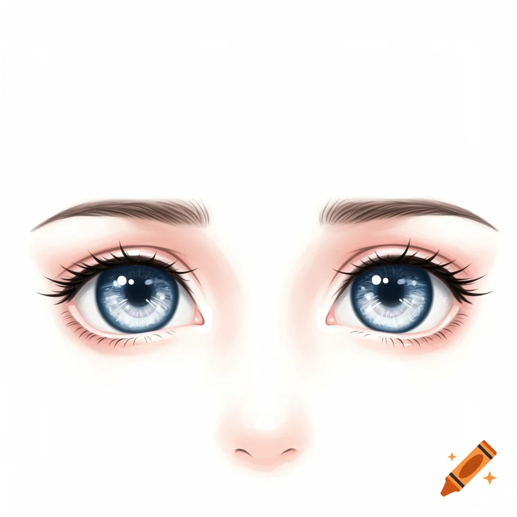Close-up of anime-style eyes with blue irises, dark eyelashes, and brown eyebrows against a white background.