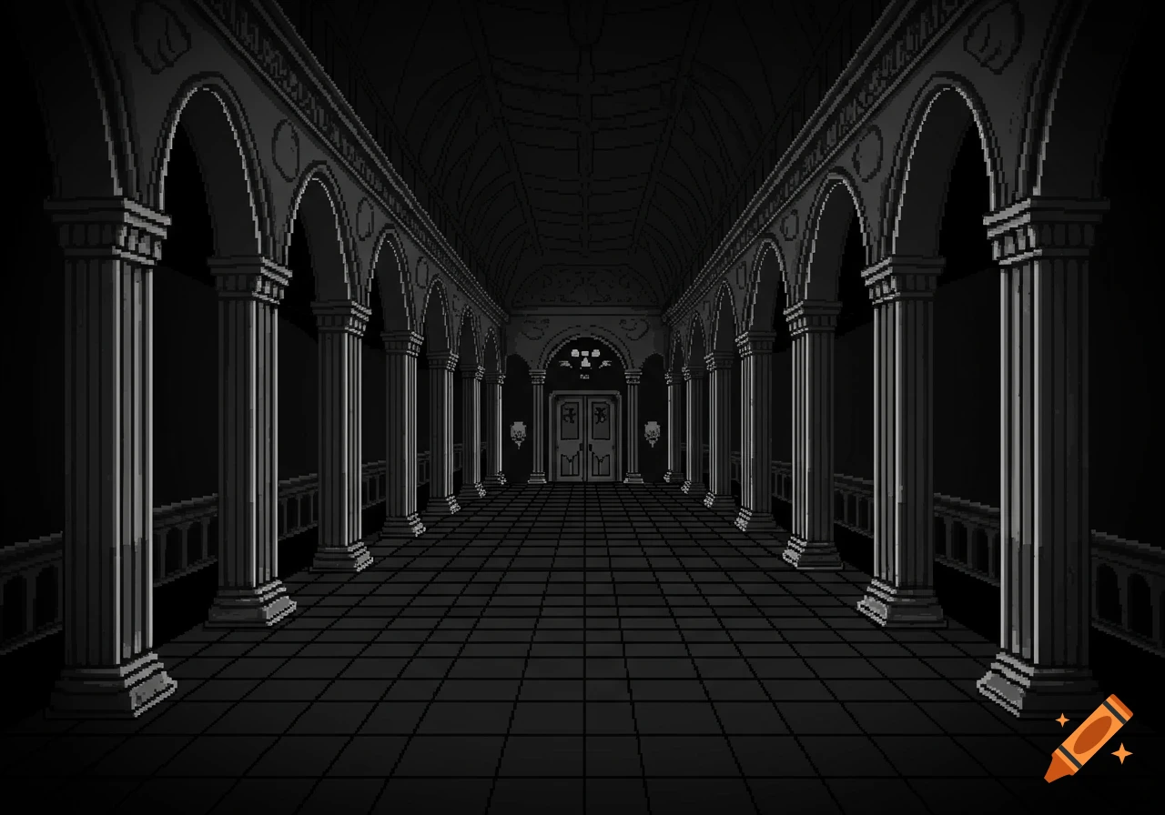 A grayscale pixel art image of a dark, symmetrical gothic hallway with tall arched pillars and a tiled floor leading to double doors.