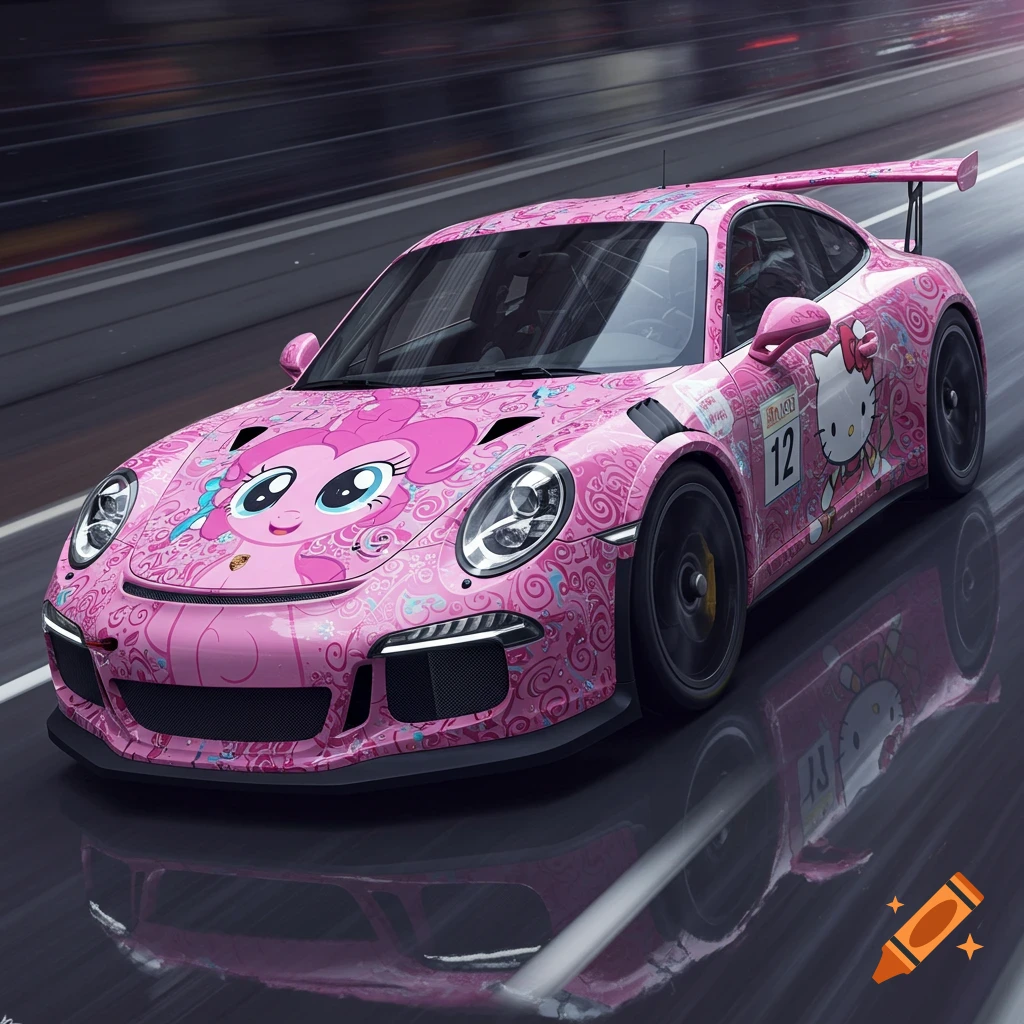 A hot pink racing Porsche 911 GT3 RS with Pinkie Pie and Hello Kitty designs speeding on a wet track.