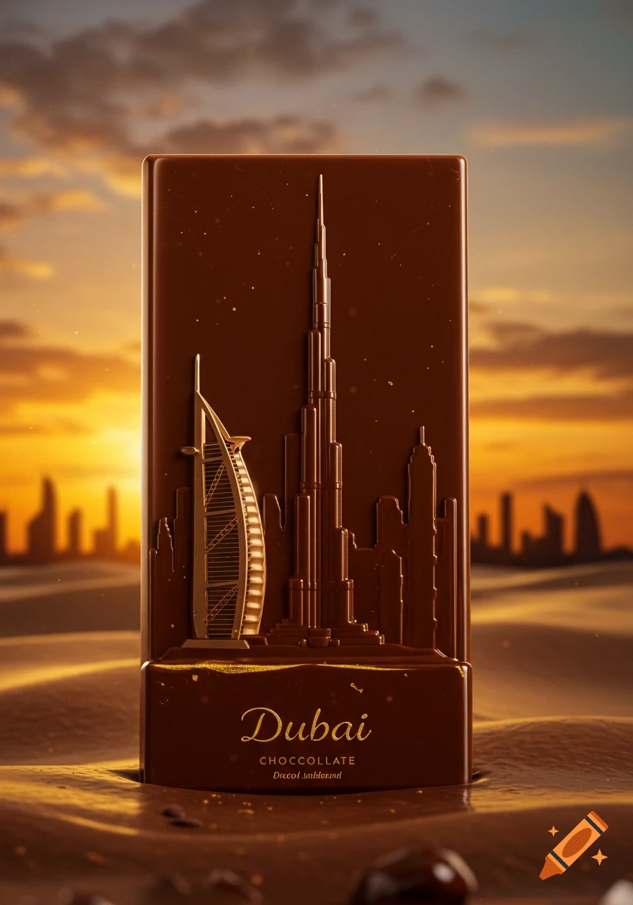 A photorealistic image of a chocolate bar embossed with Dubai's Burj Khalifa and Burj Al Arab, set against a sunset desert skyline.