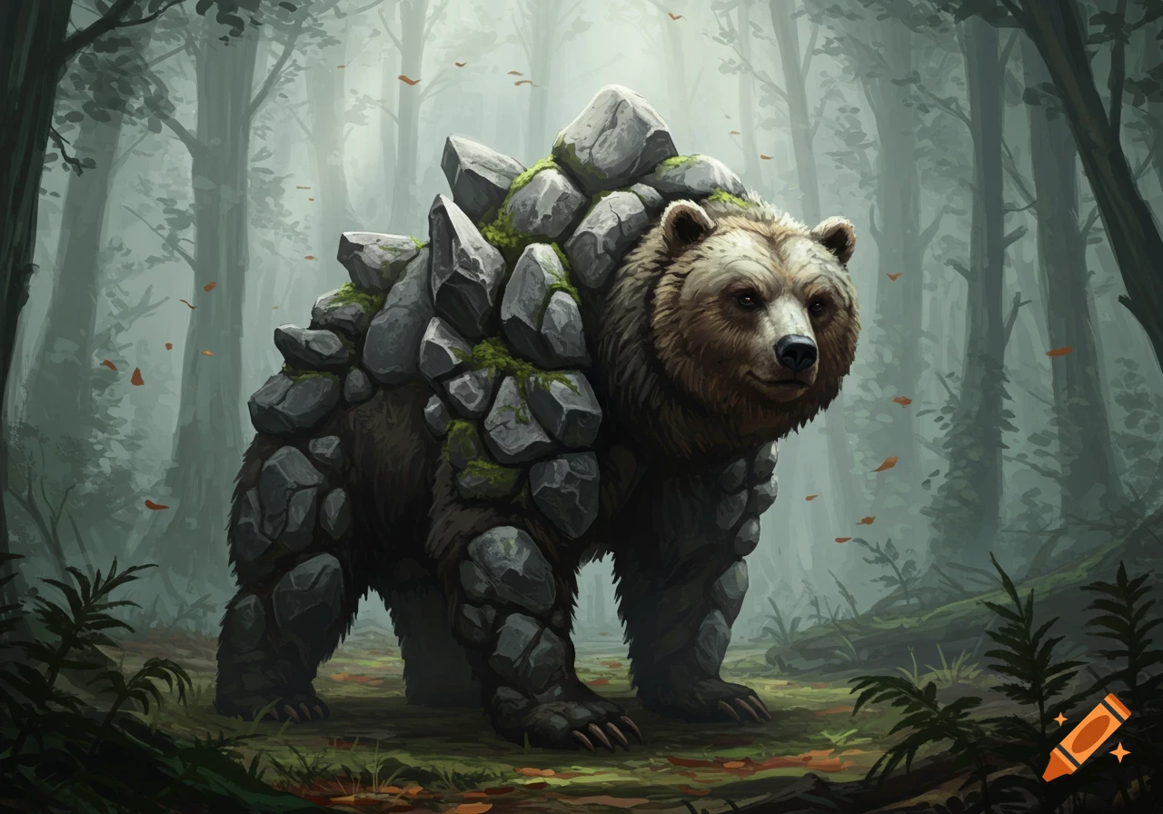 A majestic brown bear with large grey rocky growths on its back and legs stands in a misty, dark forest.