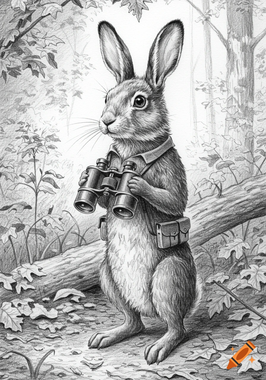 A detailed pencil drawing of an anthropomorphic rabbit standing in a forest, holding binoculars around its neck.