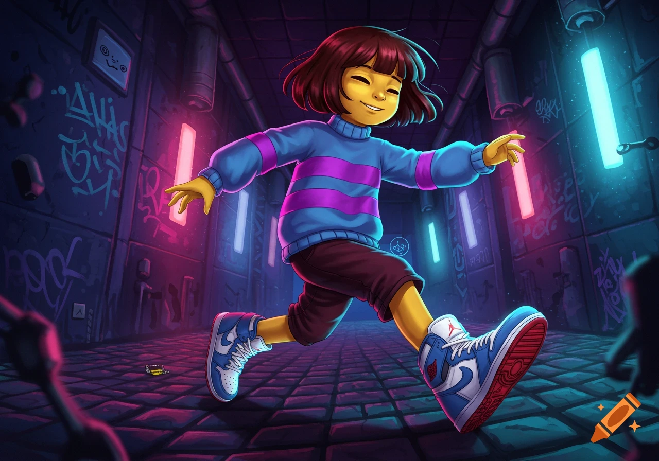 Frisk from Undertale wearing blue and white Air Jordans, running in a dark, neon-lit alleyway with graffiti-covered walls.