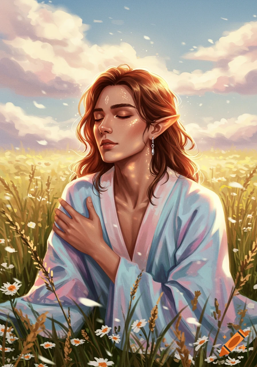 An elf-like person with eyes closed, sitting in a field of white flowers under a cloudy sky, digital painting.
