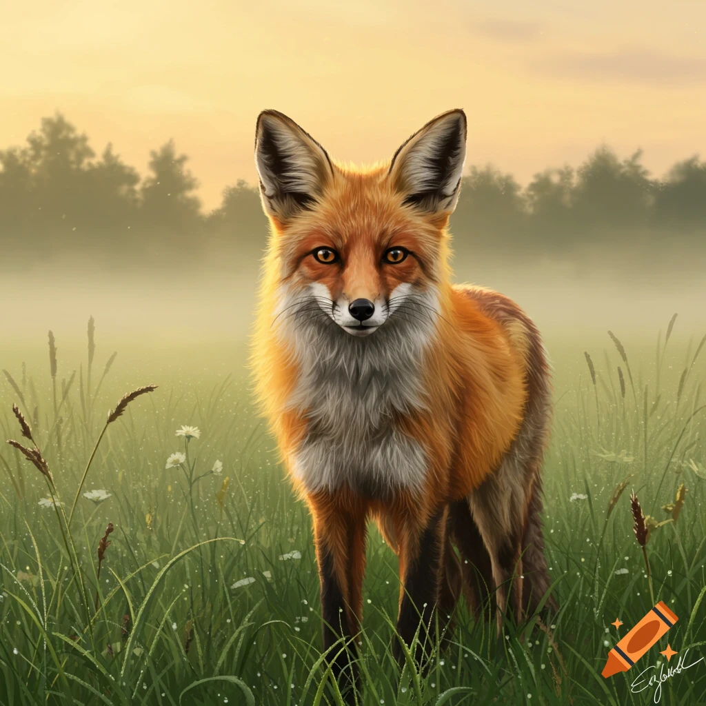 A photorealistic fox stands in a misty green field at sunrise, looking directly at the viewer.
