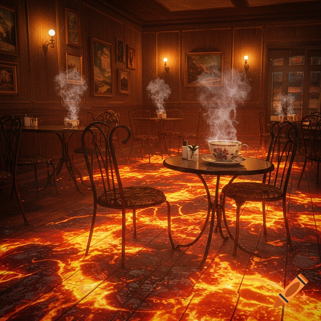 Photorealistic image of a cafe interior with a glowing lava floor. Steaming cups sit on tables in the dimly lit room.