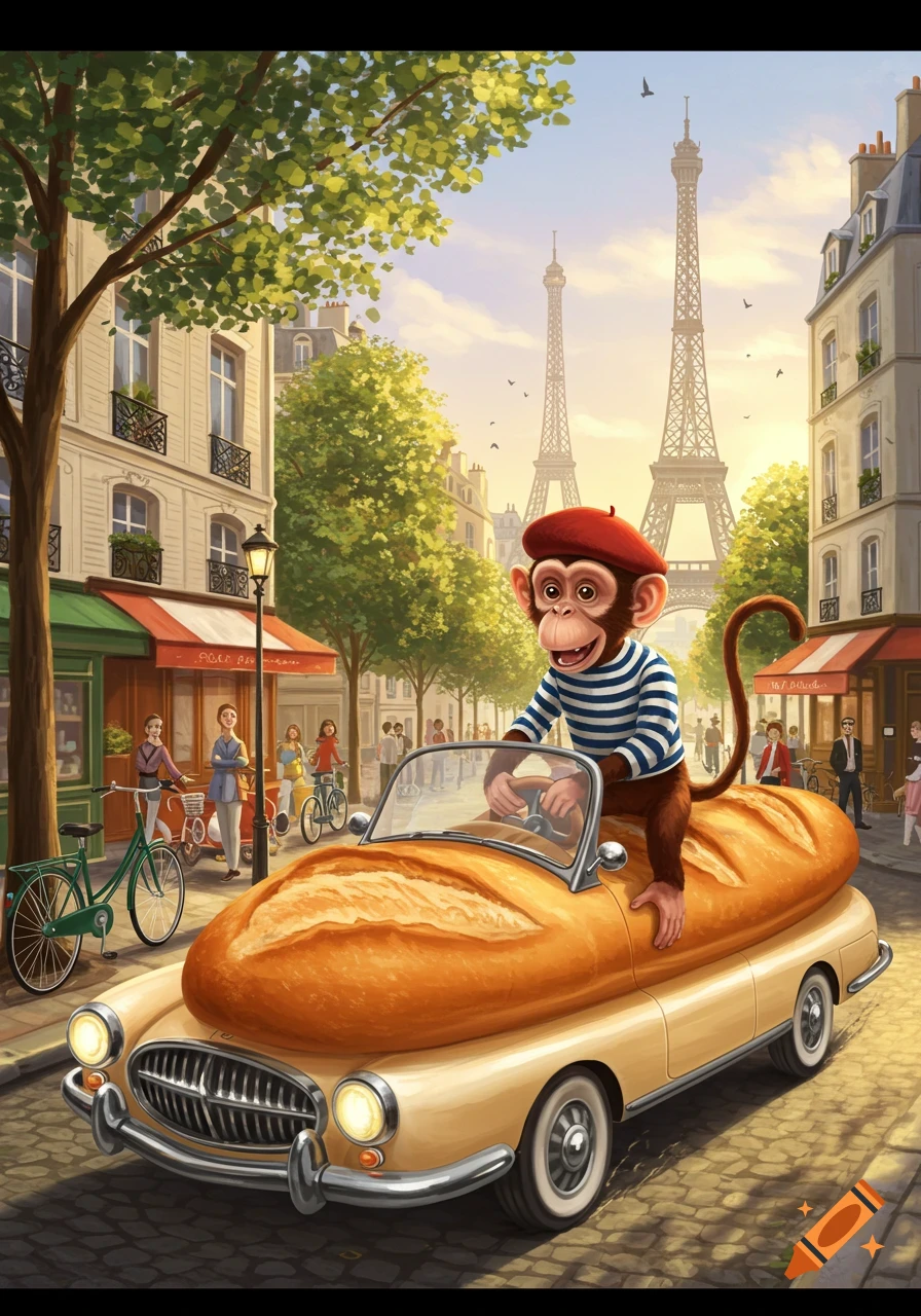 A cartoon French monkey in a beret drives a baguette car on a Paris street with the Eiffel Tower.