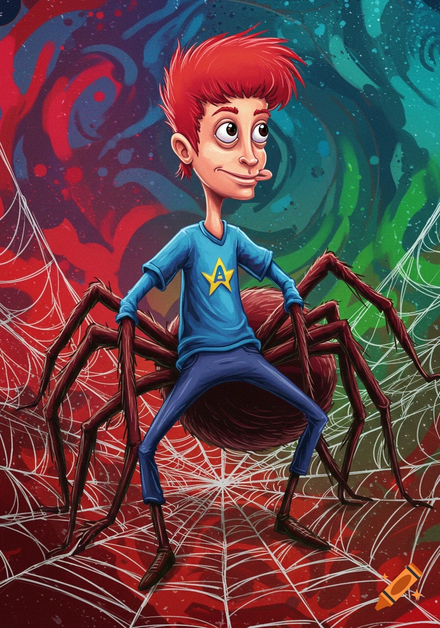 Cartoon illustration of a red-haired boy in a blue shirt with a yellow 'A' standing on a large brown spider, surrounded by spiderwebs on a colorful background.