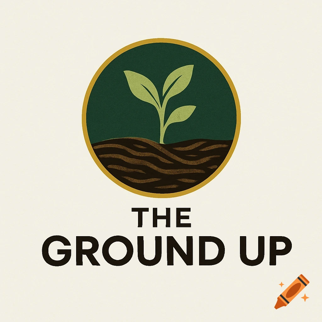 A circular logo featuring a plant sprout growing from brown soil on a dark green background, with the text 'THE GROUND UP' below.