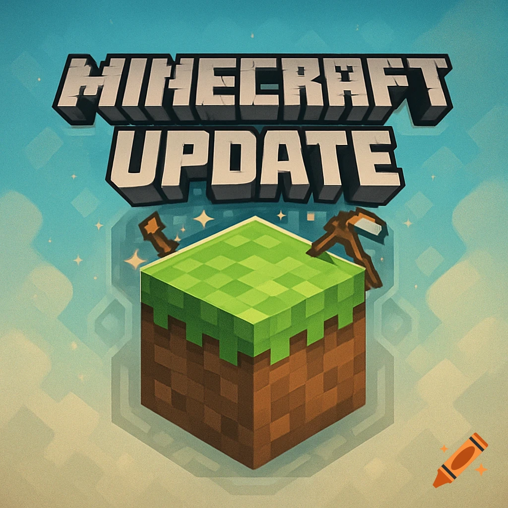 Minecraft Update logo featuring a grass block, two pickaxes, and the text 'MINECRAFT UPDATE' on a blue background.