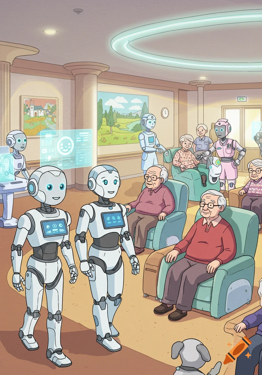 A cartoon illustration depicts a futuristic assisted living facility where robots assist elderly residents in a communal lounge setting. Various robots interact with seniors in comfortable armchairs.