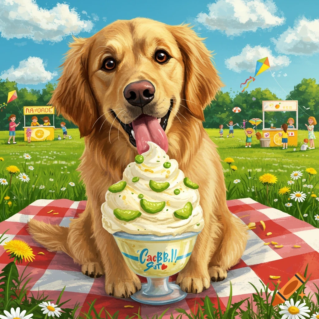 A happy golden retriever licks a large bowl of ice cream topped with green pieces on a red picnic blanket in a grassy park.