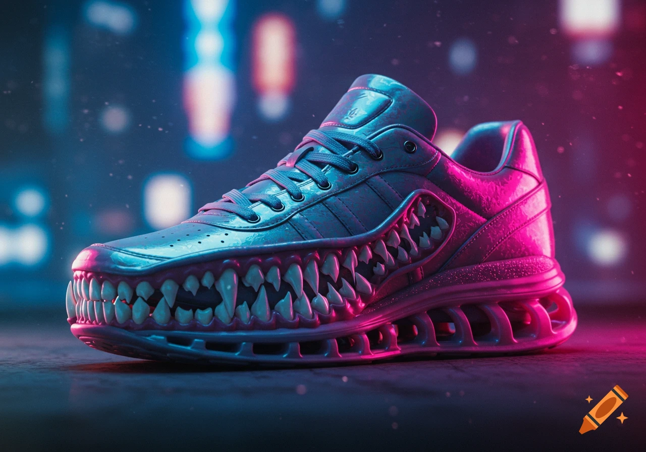 A futuristic sneaker with sharp teeth lining the sole and laces, glowing with blue and pink neon light in a dark city background.