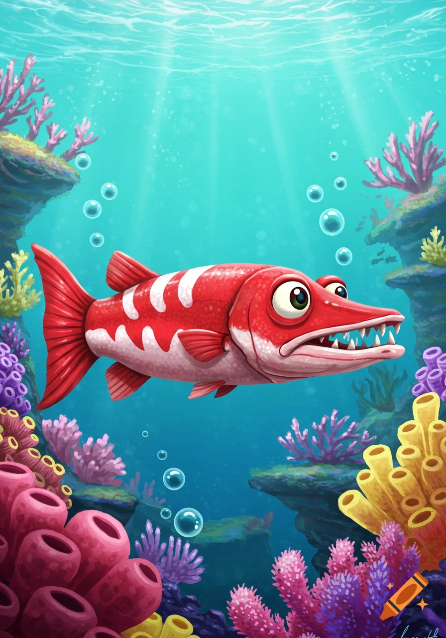 A cartoon red and white barracuda-like fish with large eyes and sharp teeth swims in a vibrant blue ocean among colorful coral.