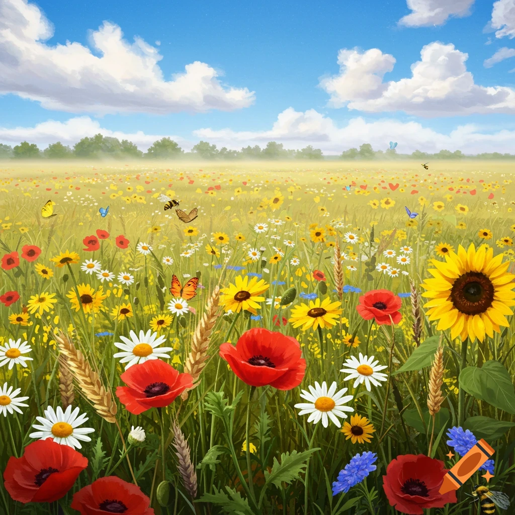 Vibrant painterly image of a summer wildflower meadow with red poppies, yellow sunflowers, white daisies, butterflies, and bees under a blue sky.