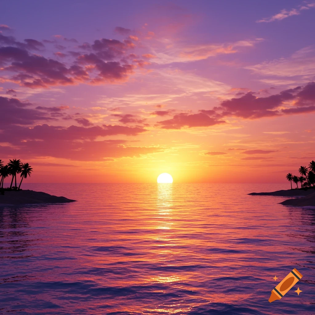 A vibrant purple and orange sunset over a calm ocean with sun reflecting on the water, flanked by small islands with silhouetted palm trees.