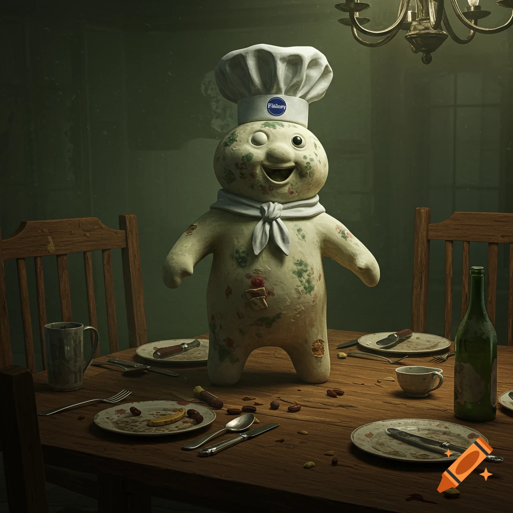 A creepy, zombie-like Pillsbury Doughboy stands on a dark wooden dinner table with dirty dishes in a dimly lit, eerie room.