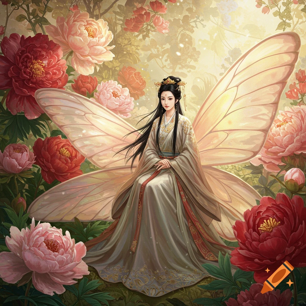 A beautiful princess with large fairy wings sits amidst vibrant red and pink peony flowers in a painterly style.