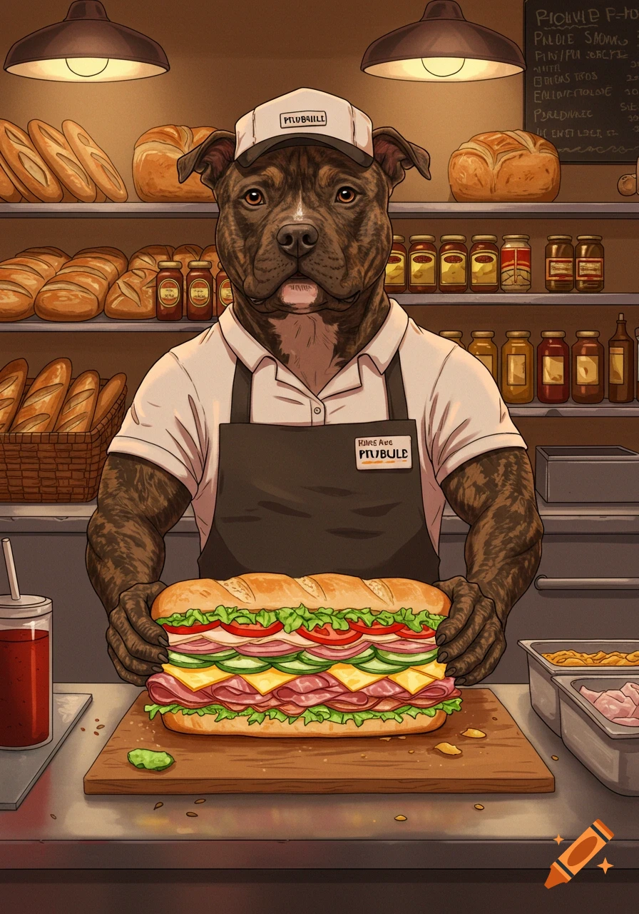 Stylized illustration of a brindle pitbull deli worker holding a large sub sandwich in a bakery.