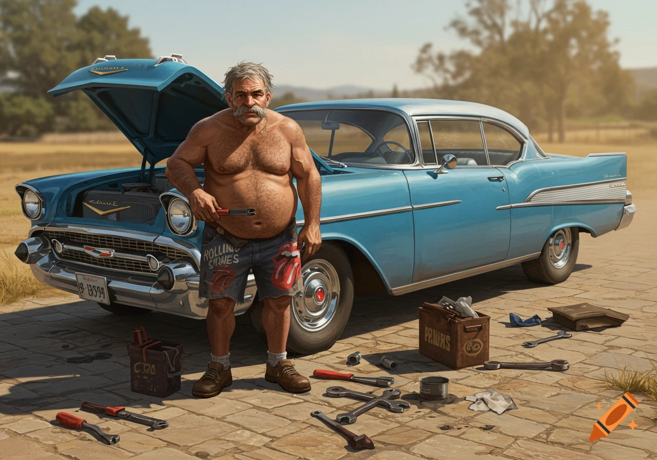 A burly, shirtless old man with a mustache and grey hair stands next to a classic blue 1957 Chevy Bel Air with its hood open, surrounded by tools on a stone driveway.