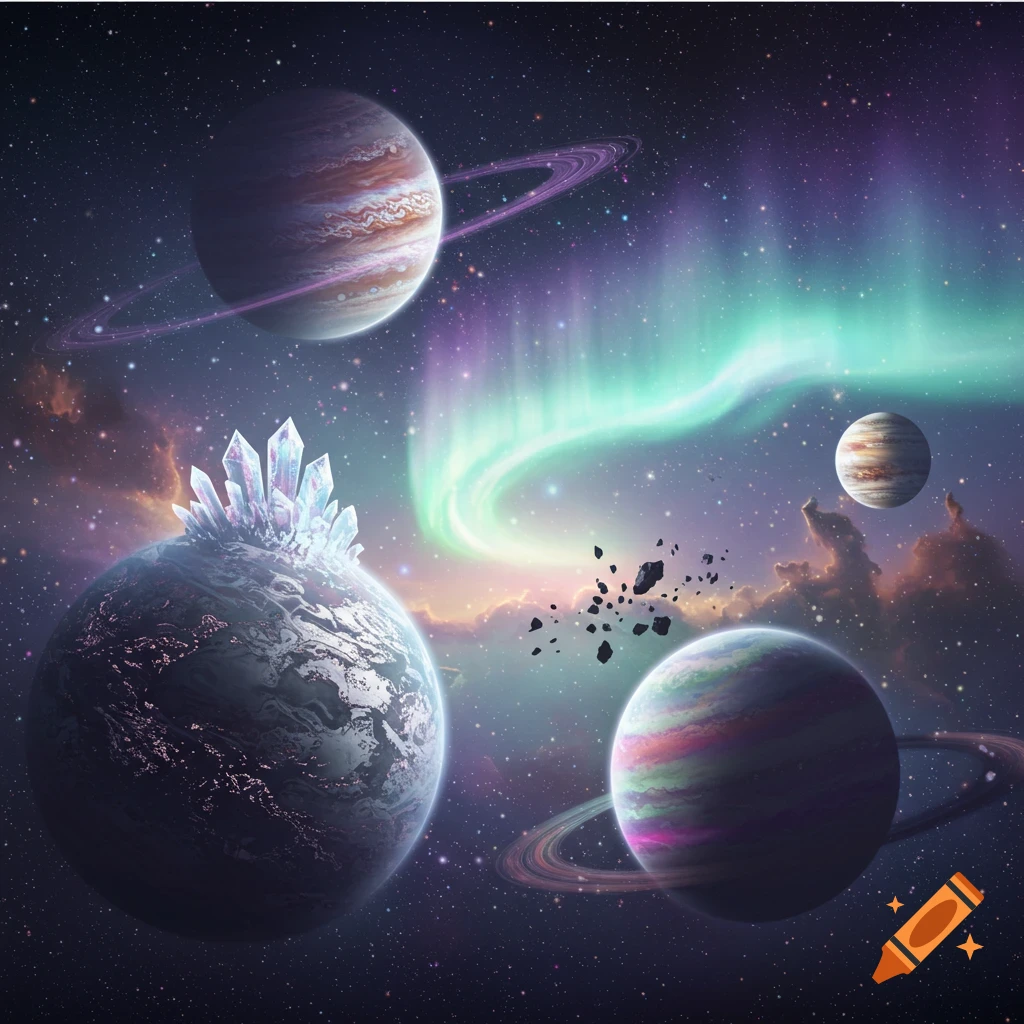 A cosmic fantasy scene with multiple unique planets, one topped with crystals, a colorful nebula, and a starry sky.