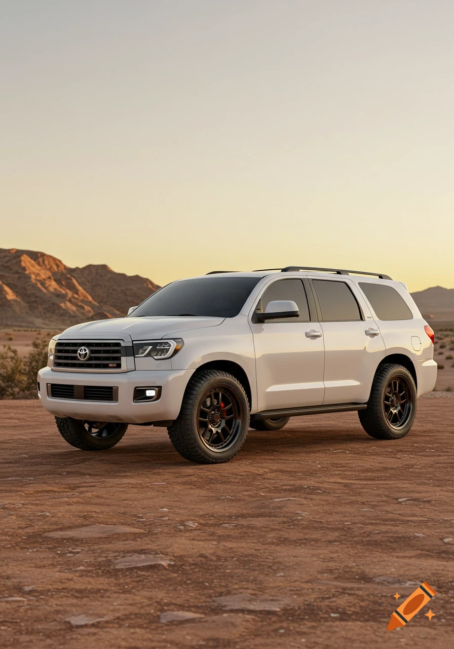 White Toyota Sequoia SUV with black rims on a dirt road in a desert landscape at sunset.