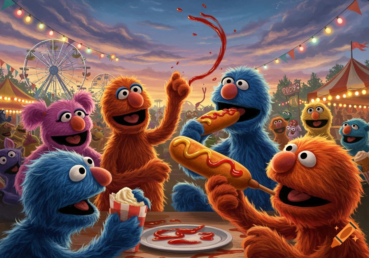 Muppet-like characters at a vibrant carnival enjoy corndogs and popcorn, with a Ferris wheel and fairground tents in the background.