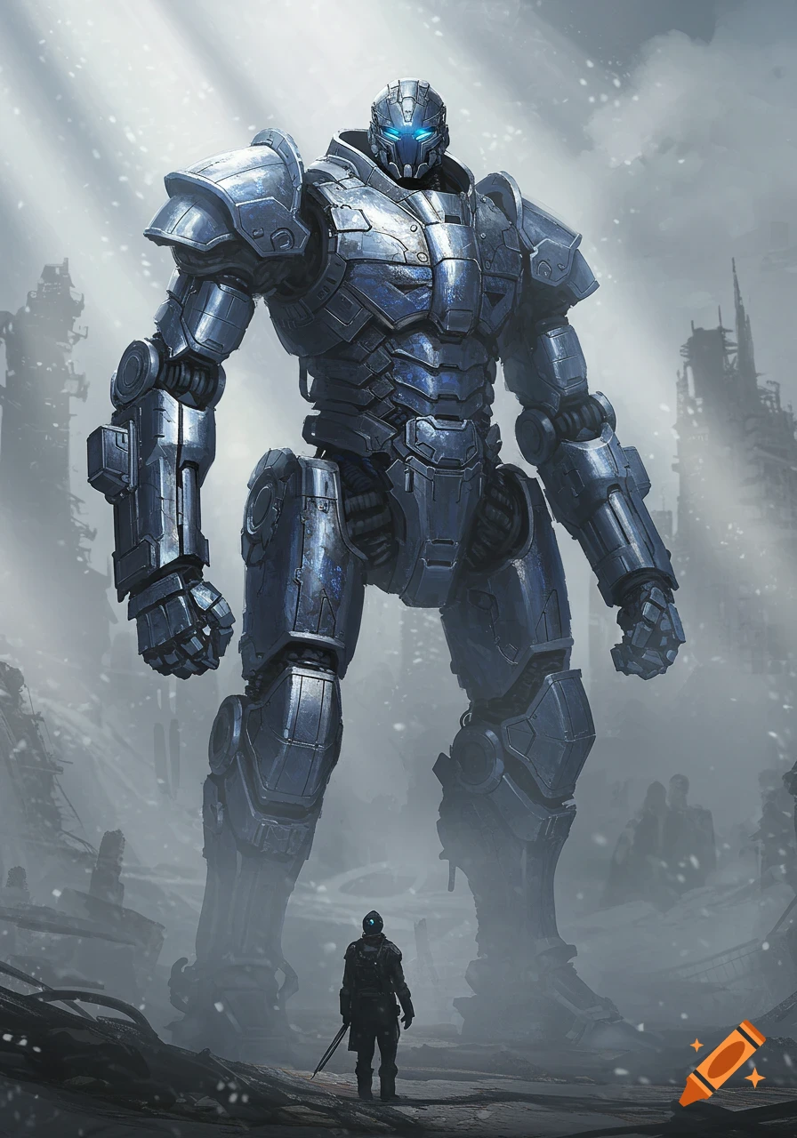 A massive, heavily armored robot stands over a small human figure in a snowy, ruined landscape, rendered in a detailed sci-fi style.