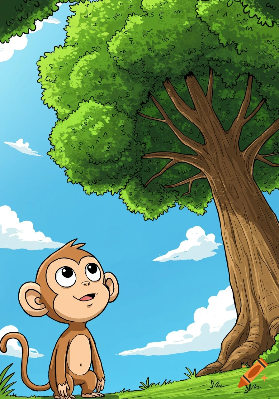 A cute cartoon monkey stands looking up at a large tree under a bright blue sky with clouds.