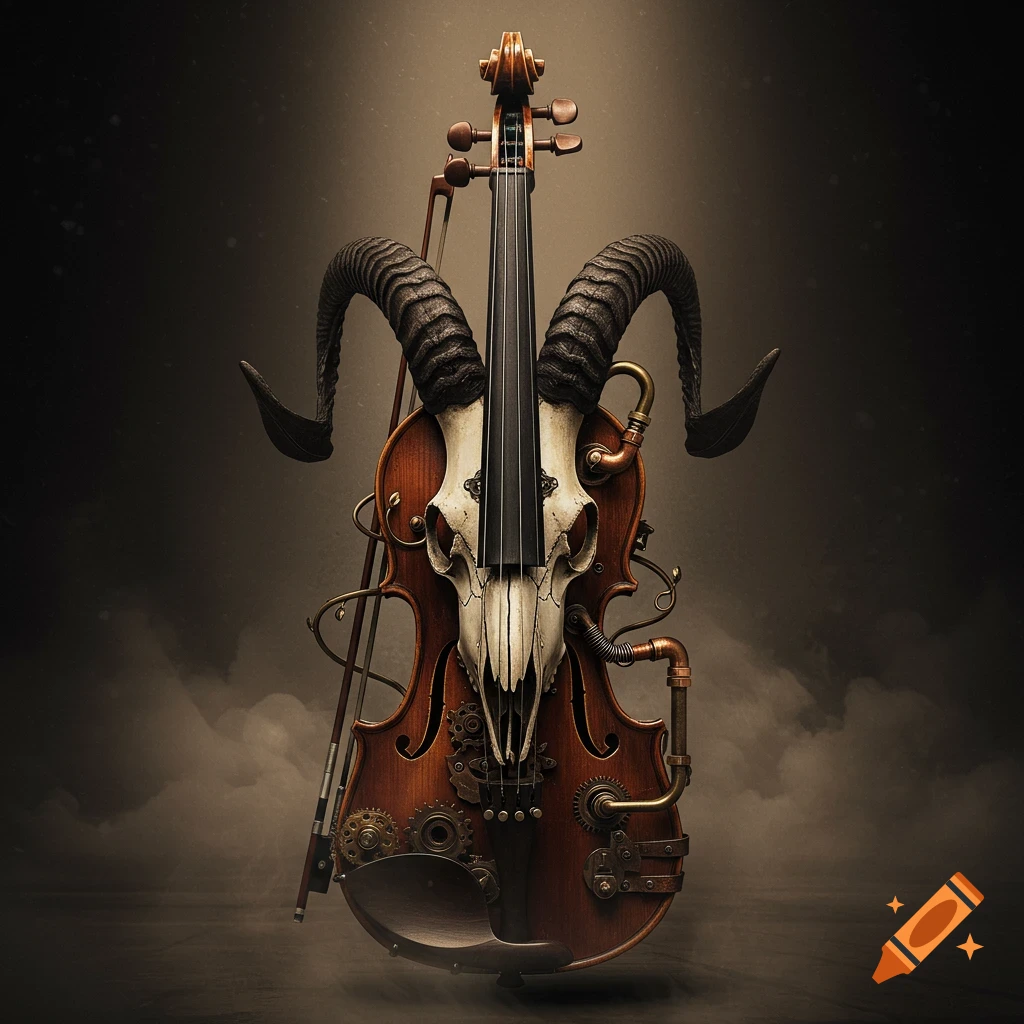 A gothic steampunk violin with a goat skull and horns integrated into its body, adorned with gears and pipes, against a dark, smoky background.