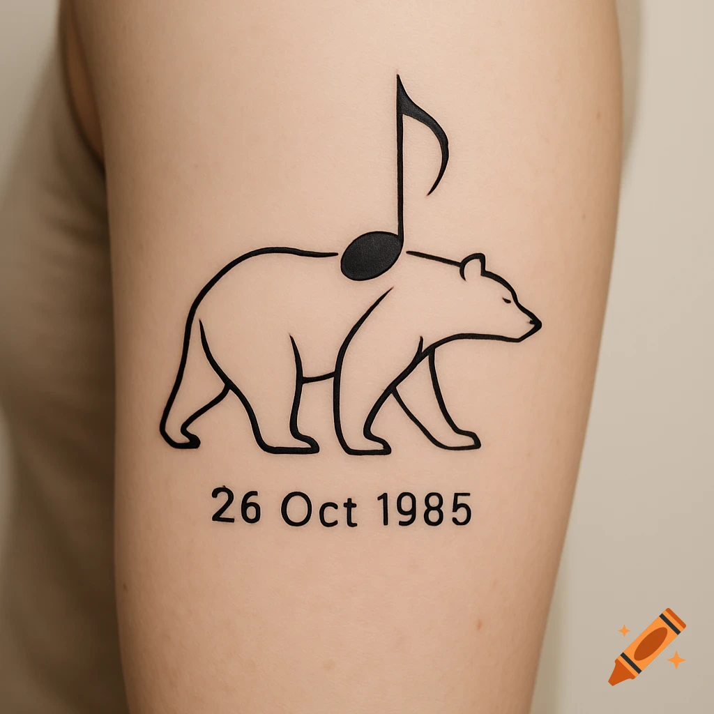 Minimalist black line tattoo of a bear with a music note and the date 26 Oct 1985 on an arm.