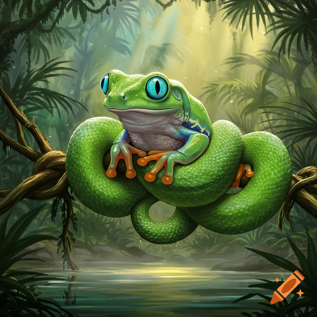 A vibrant green frog with blue eyes and orange toes sits on a tree branch, its body merging with a green snake, in a lush jungle scene.