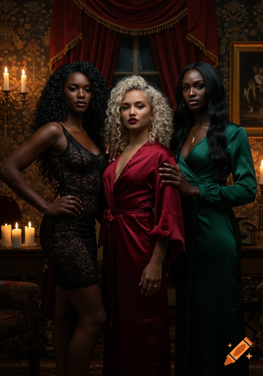 Three women in a dark, candlelit New Orleans manor. One wears black lace, another a red satin robe, and the third a green silk gown. They are surrounded by vintage wallpaper and red velvet curtains.
