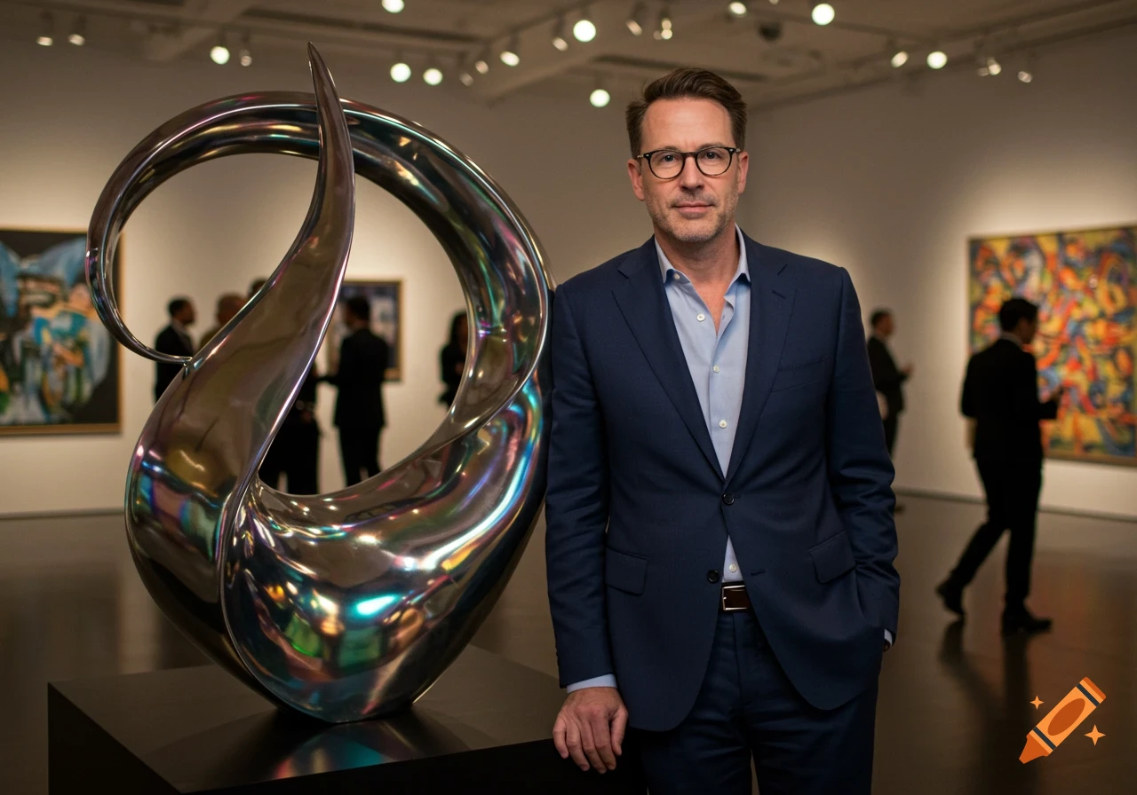 Man in a dark suit standing next to a large metallic, iridescent sculpture in a modern art gallery, photorealistic.