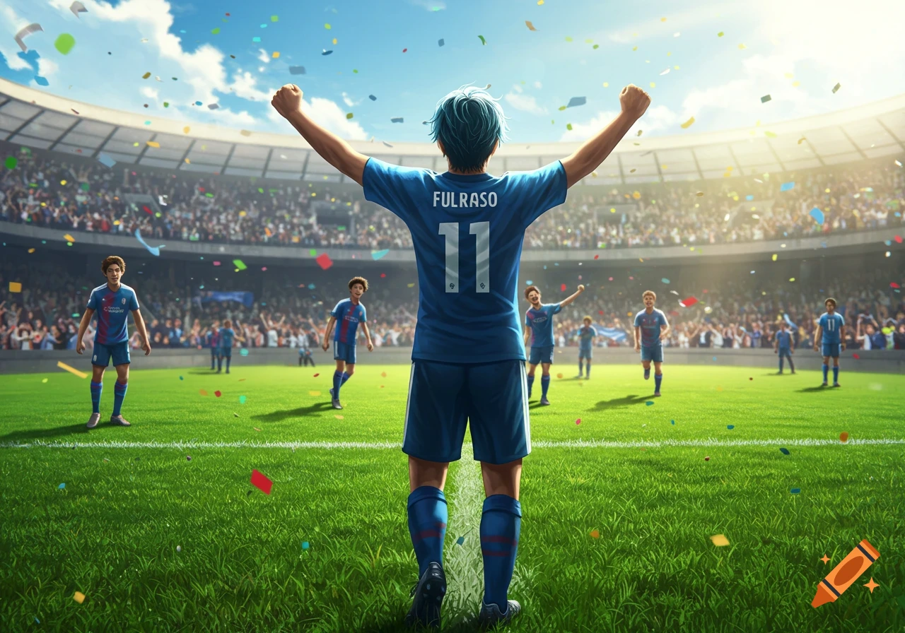 A man with blue hair and a blue soccer jersey with the number 11 on his back celebrates on a soccer field in a stadium with confetti falling.