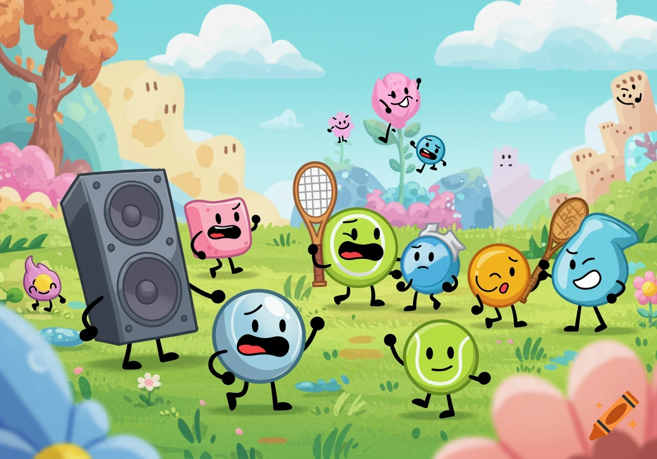 A group of colorful anthropomorphic objects like a speaker, tennis balls, and a rose, with faces and limbs, in a bright cartoon landscape.