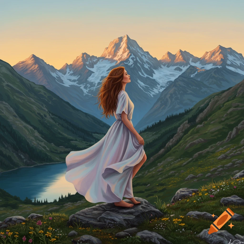 A woman in a flowing white dress stands on a rock, gazing at a serene mountain landscape with a lake at sunset. Illustrated style.