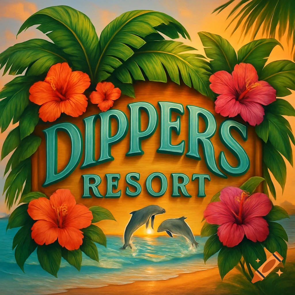 A vibrant tropical resort sign with the words "DIPPERS RESORT" surrounded by lush palm leaves and hibiscus flowers, with two dolphins leaping from the ocean below.