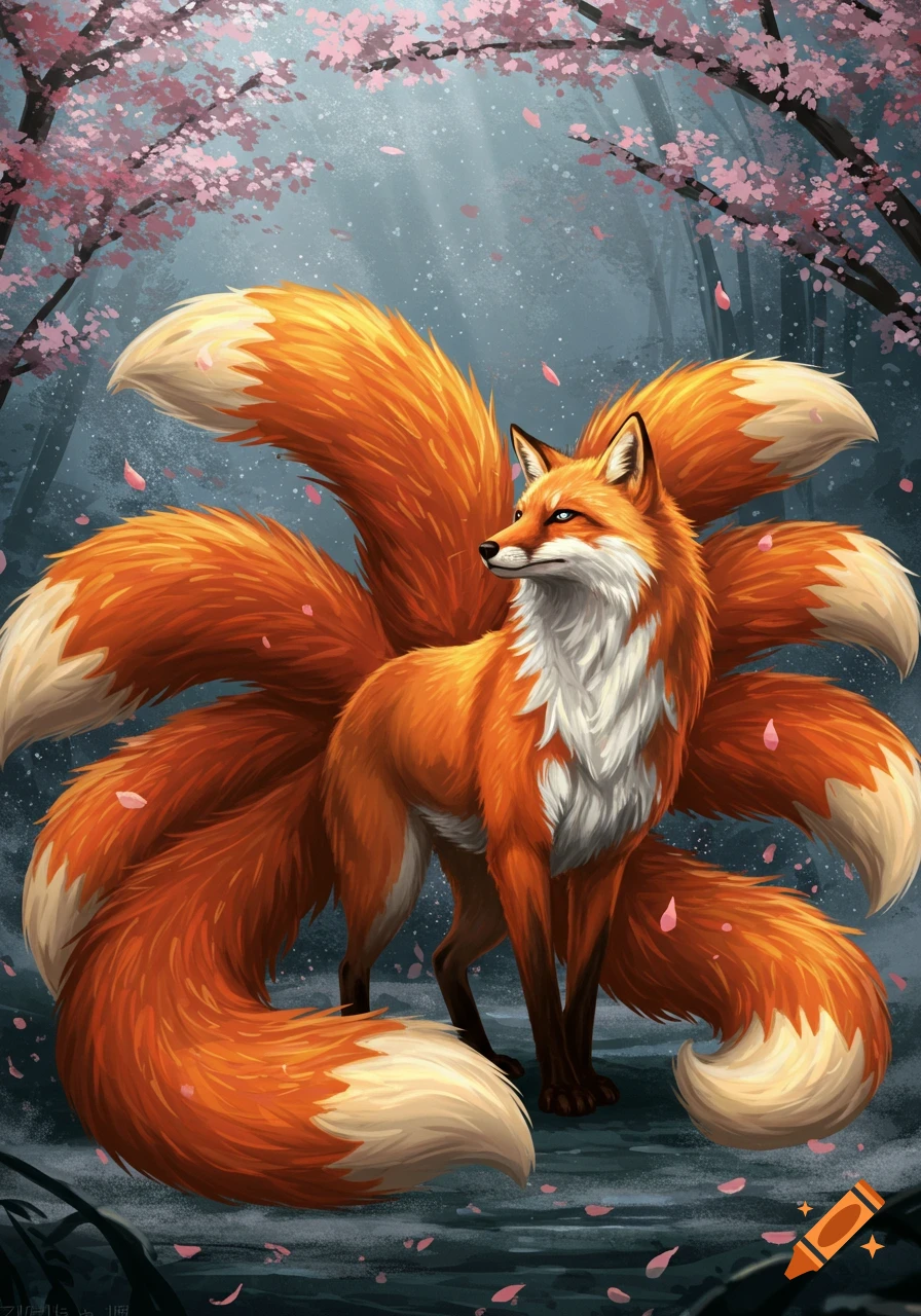A majestic nine-tailed kitsune with vibrant orange and white fur stands in a mystical forest with pink cherry blossoms and falling petals.