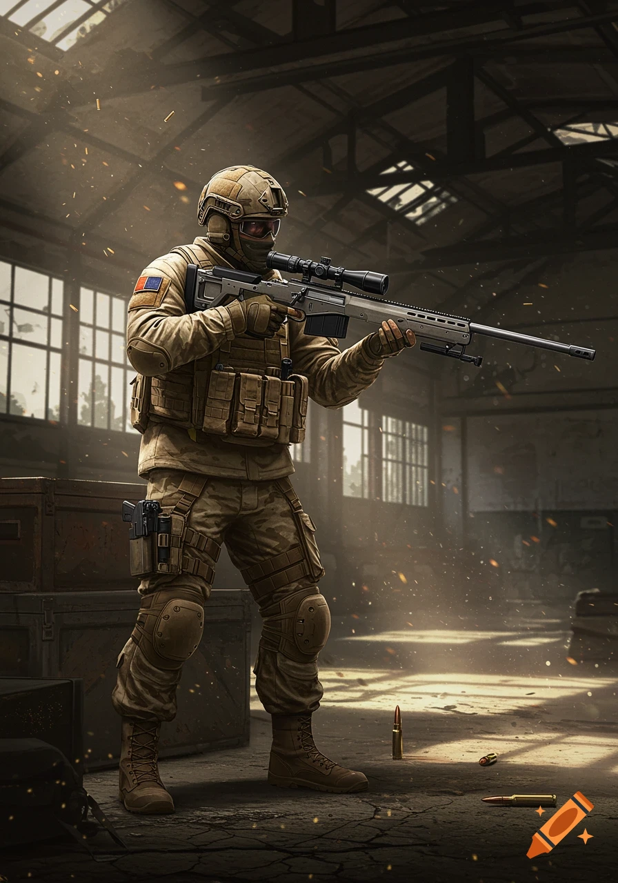 A soldier in camouflage and tactical gear holds a sniper rifle in a dusty, abandoned warehouse.