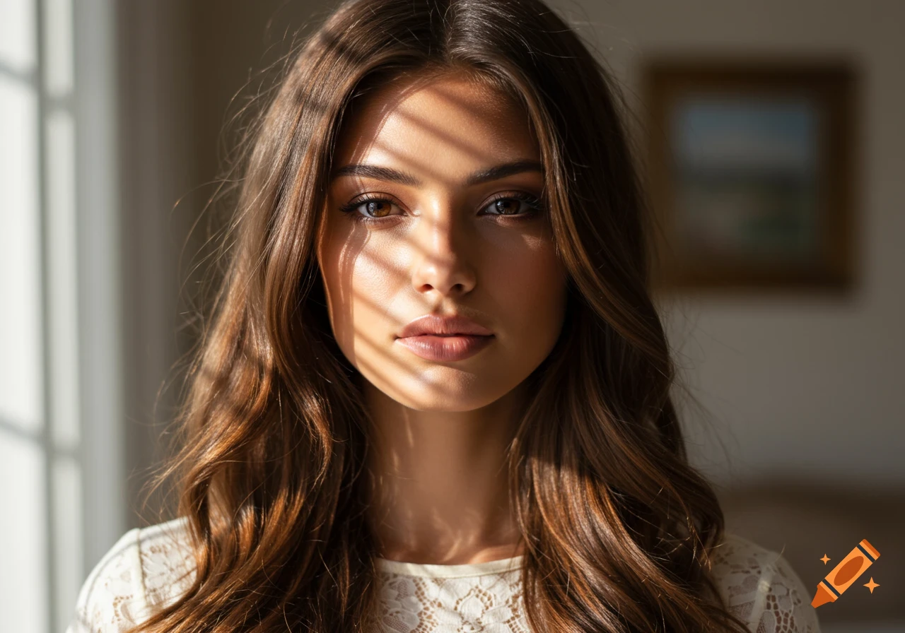 A close-up photorealistic portrait of a young woman with brown hair, illuminated by sunlight casting horizontal shadows across her face.