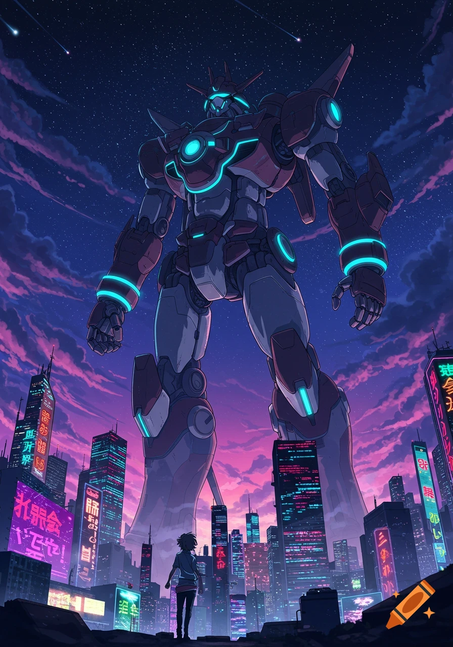 A colossal red and gray anime-style robot with glowing blue lights stands over a person in a neon-lit futuristic city at dusk, under a starry sky.