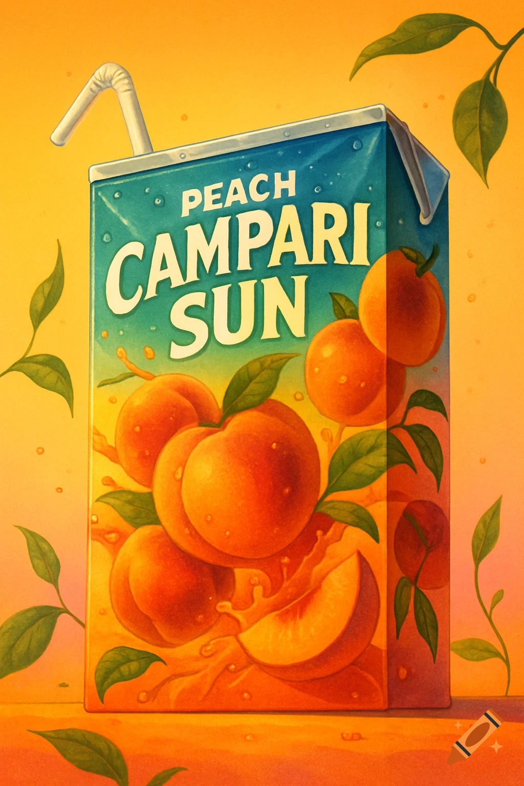 A vibrant, colorful illustration of a 'Peach Campari Sun' juice box with a straw, peaches, and splashes of juice.